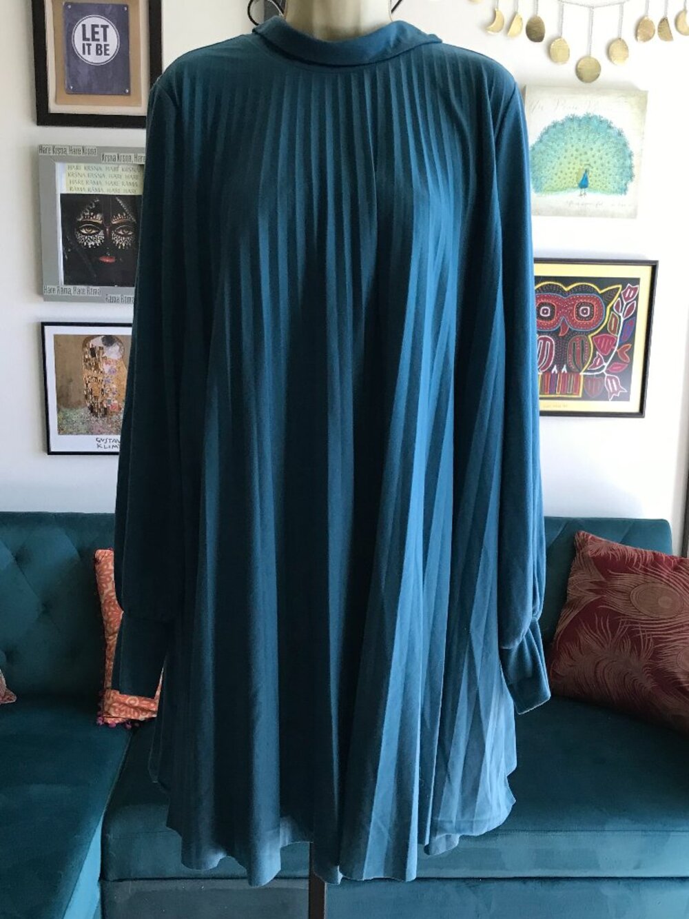 TRACY REESE size L Teal Blue Swingy Pleated Mock Neck Dress